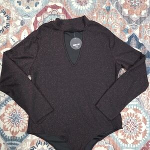 Jolie & Joy Black And Red Shimmer V-neck Bodysuit 2X